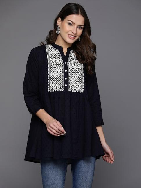 indo era navy cotton embroidered tunic