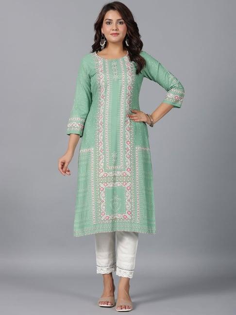 juniper sage green floral printed rayon straight kurta with beads