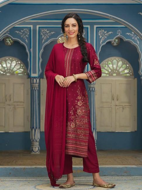 juniper maroon ethnic motif printed shantoon kurta pants & chiffon dupatta set