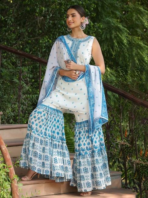 juniper blue ethnic motif printed georgette kurta sharara & dupatta set with thread work embroidery