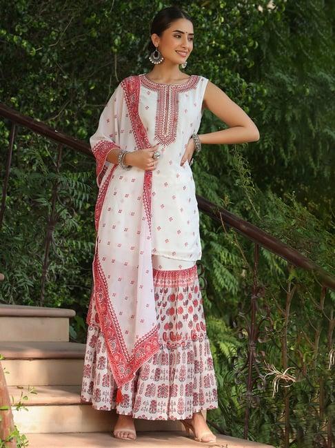 juniper maroon ethnic motif print georgette kurta sharara & dupatta set with thread work embroidery