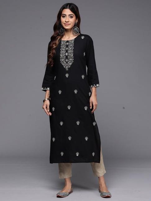 indo era black embroidered straight kurta