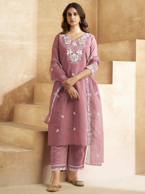 indo era pink embroidered kurta pant set with dupatta