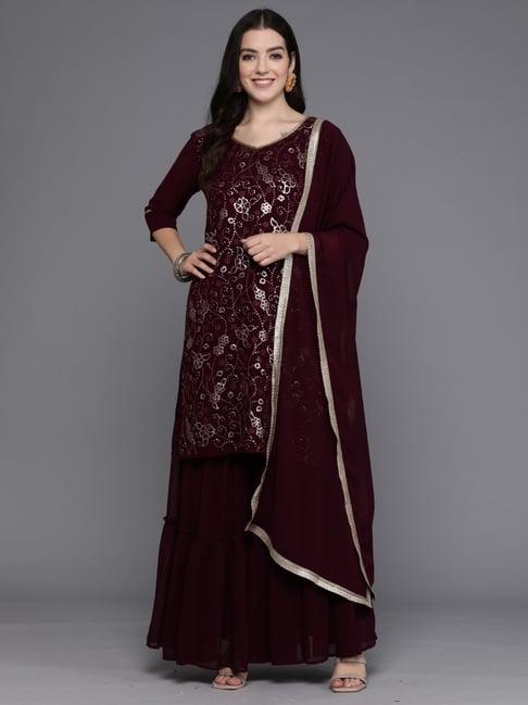 indo era purple embroidered kurta sharara set with dupatta