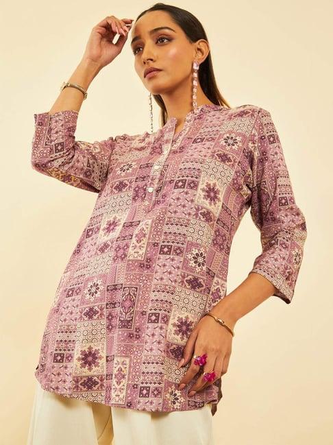 soch womens purple rayon ethnic motif foil printed mandarin collar tunic