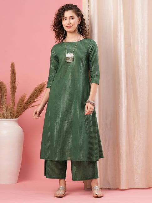 globus teal cotton striped kurta with palazzos