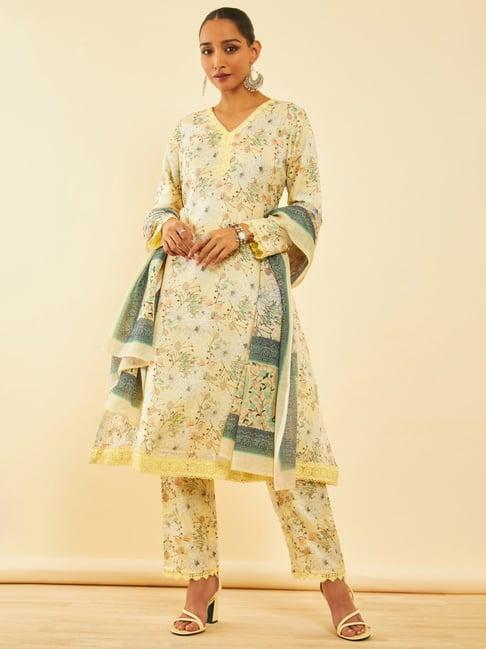 soch womens yellow kota floral printed suit set with lace details