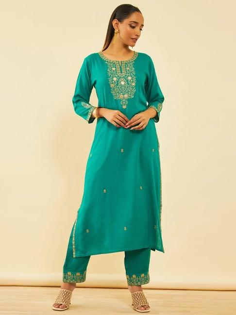 soch teal green embroidered kurta pant set