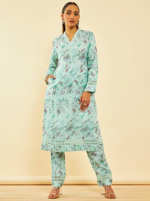 soch womens turquoise blue kota floral printed kurta set with lace attached