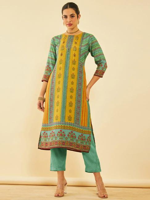 soch womens green muslin ethnic motif printed kurta set with sequins