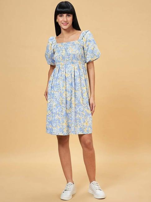 honey by pantaloons sky blue floral print a-line dress