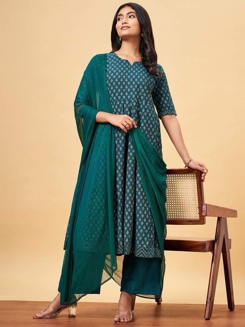 yu by pantaloons green floral print kurta palazzo set with dupatta