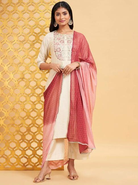 rangmanch by pantaloons white embroidered kurta palazzo set with dupatta