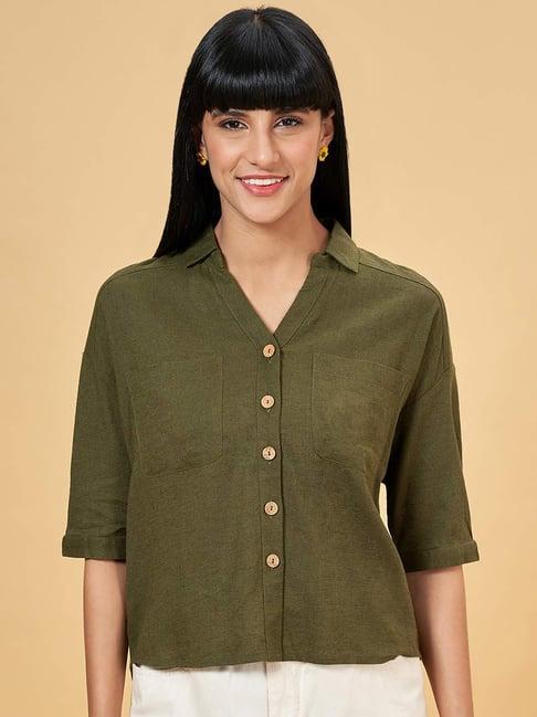 honey by pantaloons olive green cotton slim fit shirt