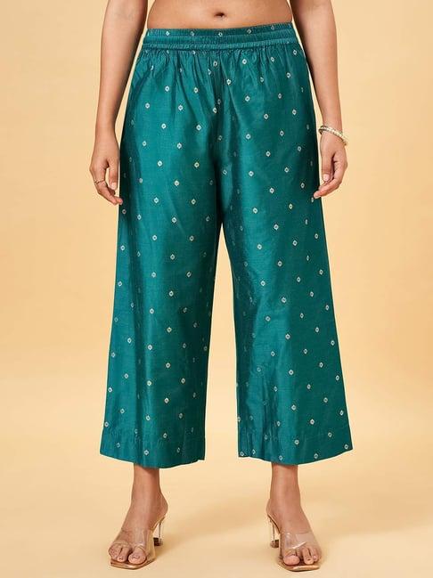 rangmanch by pantaloons teal green printed palazzos