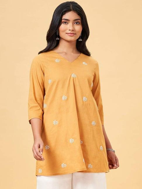 rangmanch by pantaloons buff yellow embroidered tunic