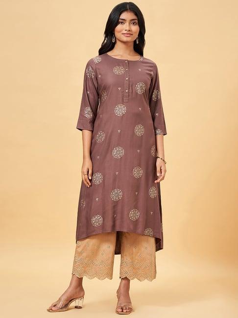 rangmanch by pantaloons brown printed high low kurta