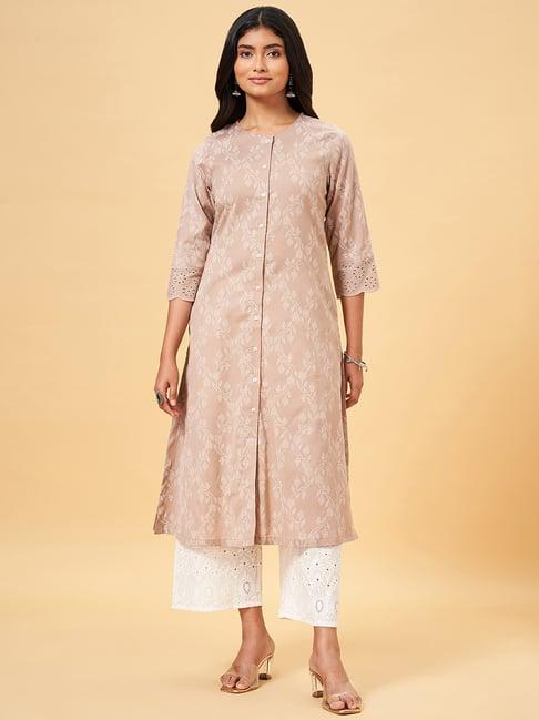 rangmanch by pantaloons beige cotton printed straight kurta