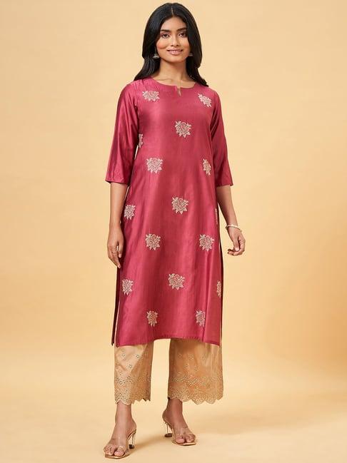 rangmanch by pantaloons pink embroidered straight kurta