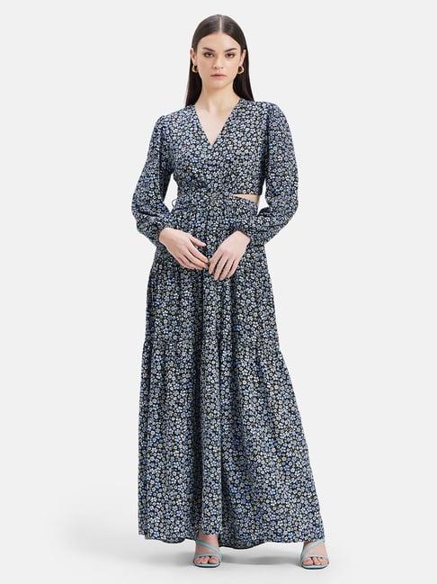 kazo dark blue floral print maxi dress