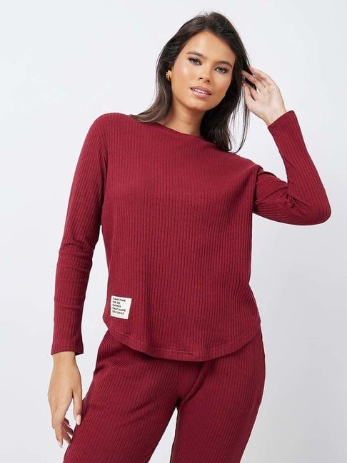 styli maroon cotton striped t-shirt pyjama set