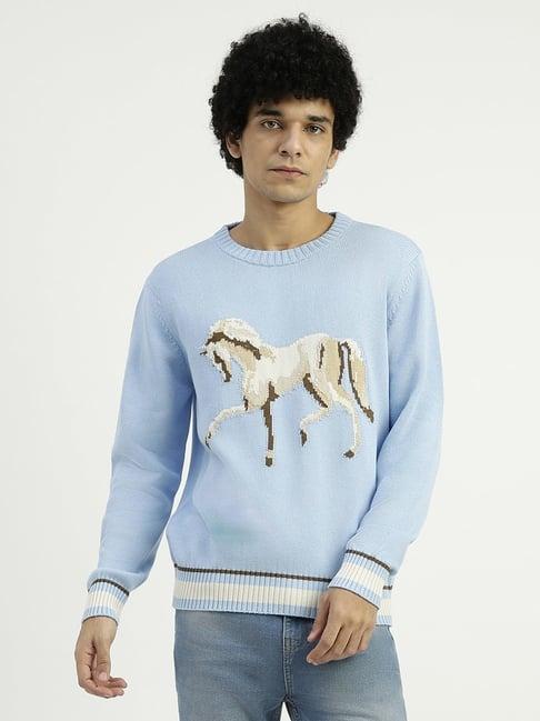 united colors of benetton blue pure cotton relaxed fit printed sweater