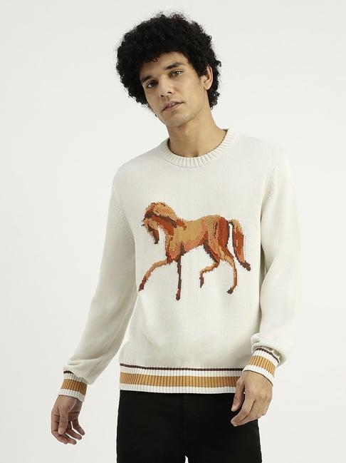 united colors of benetton cream pure cotton relaxed fit printed sweater