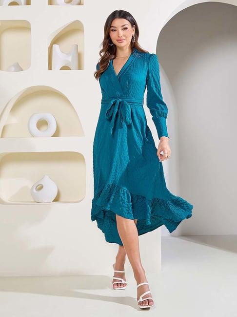 styli teal blue regular fit high-low dress