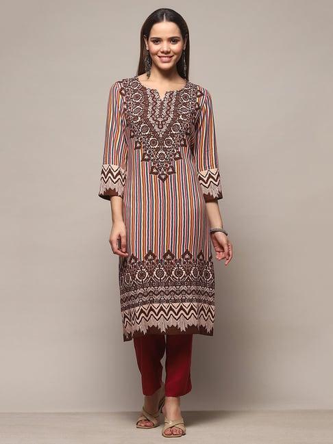 biba brown printed rayon straight kurta