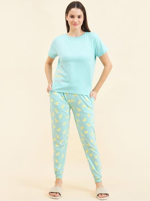 sweet dreams aqua blue geometric print top with pyjamas