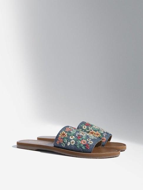 luna blu by westside blue floral embroidered denim slides