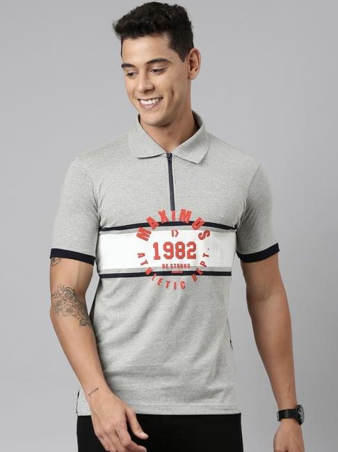 dixcy scott maximus grey cotton regular fit printed polo t-shirt