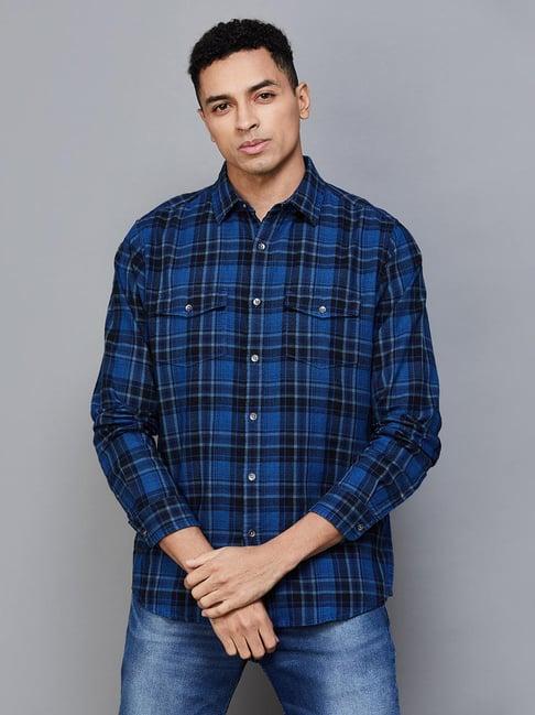 forca by lifestyle black cotton regular fit checks shirt