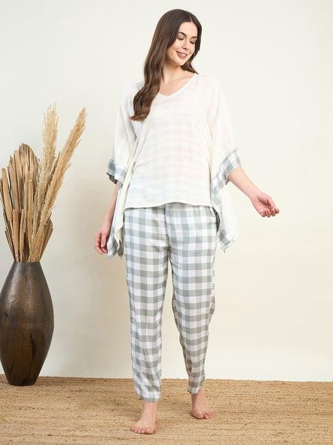 the kaftan company white & green check kaftan top with pyjamas