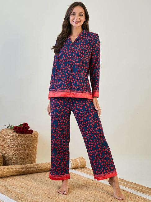 the kaftan company blue & red printed shirt with lounge pants