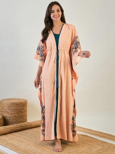 the kaftan company peach & blue paisley print kaftan with inner