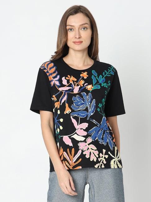 vero moda black cotton floral print t-shirt