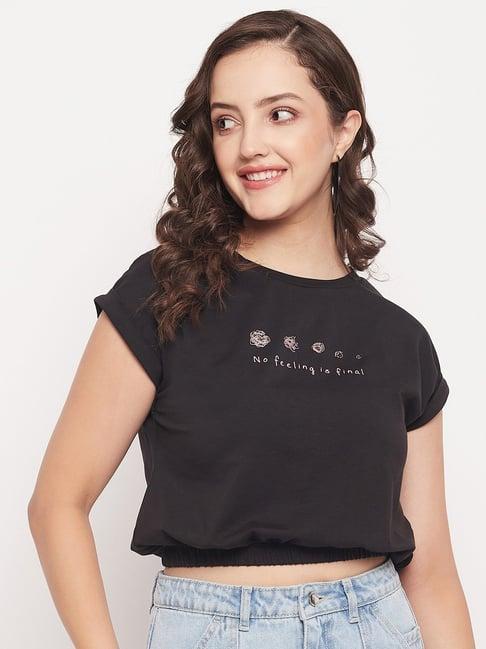 madame black graphic print crop top