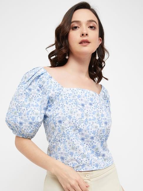 madame sky blue cotton floral print crop top