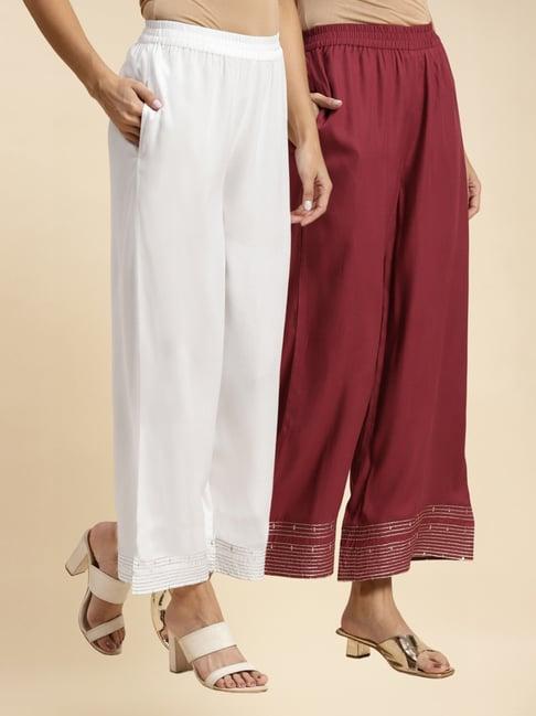 rangita maroon & white rayon embroidered palazzos - pack of 2