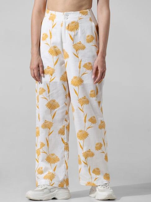 only white & yellow cotton printed regular fit high rise pants