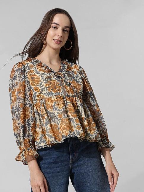 only yellow & beige printed peplum top