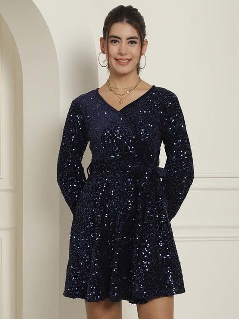 indian needle navy velvet embellished wrap dress