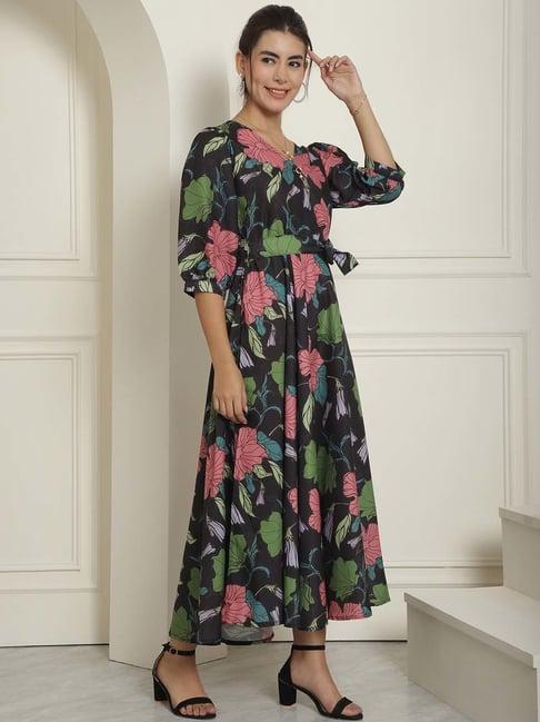 indian needle black printed wrap dress