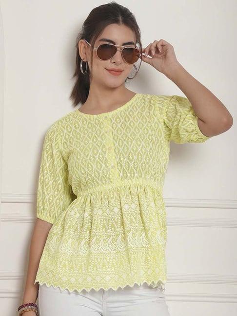 indian needle yellow cotton embroidered top