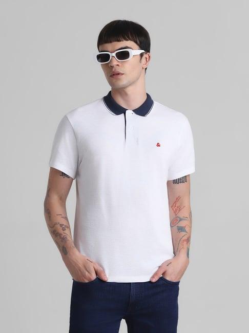 jack & jones white cotton slim fit self pattern polo t-shirt