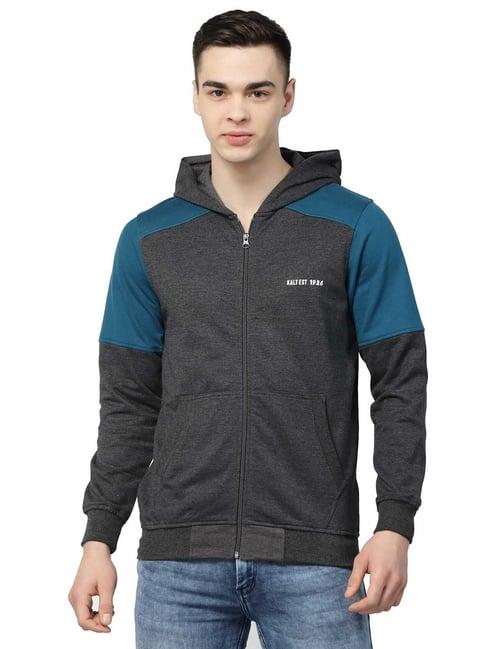 kalt grey melange & teal regular fit hooded sweatshirt