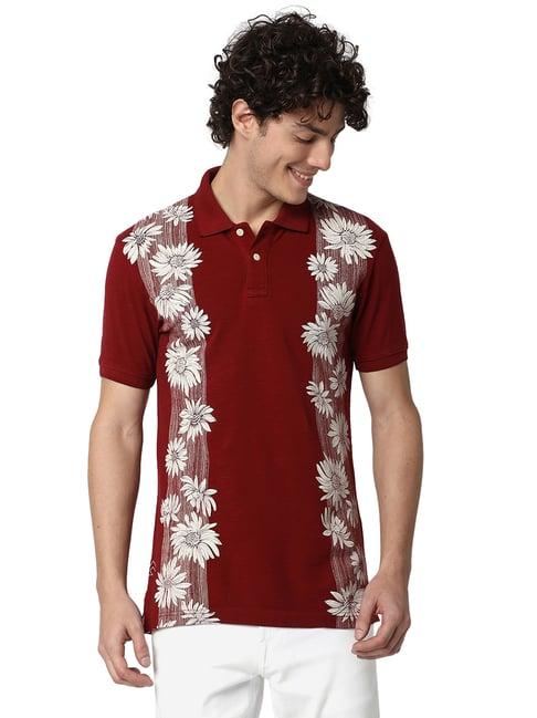 mufti dark rust slim fit floral print cotton polo t-shirt