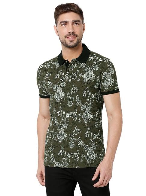 mufti olive slim fit floral print cotton polo t-shirt