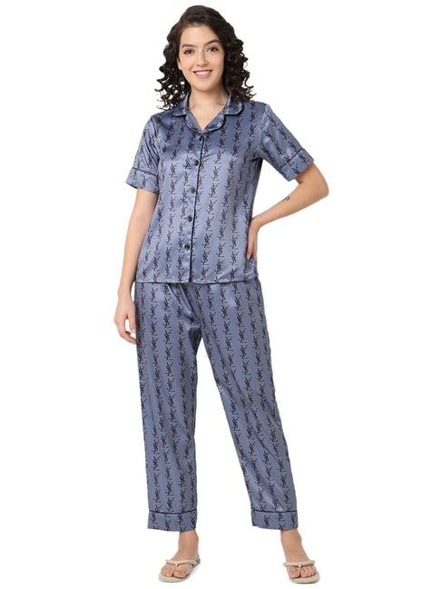 smarty pants light grey & black satin printed shirt with pyjamas